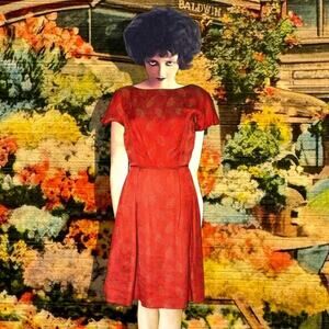 1950s Red Jacquard Cocktail Dress Silk Fit & Flare Silhouette Vintage Size Small